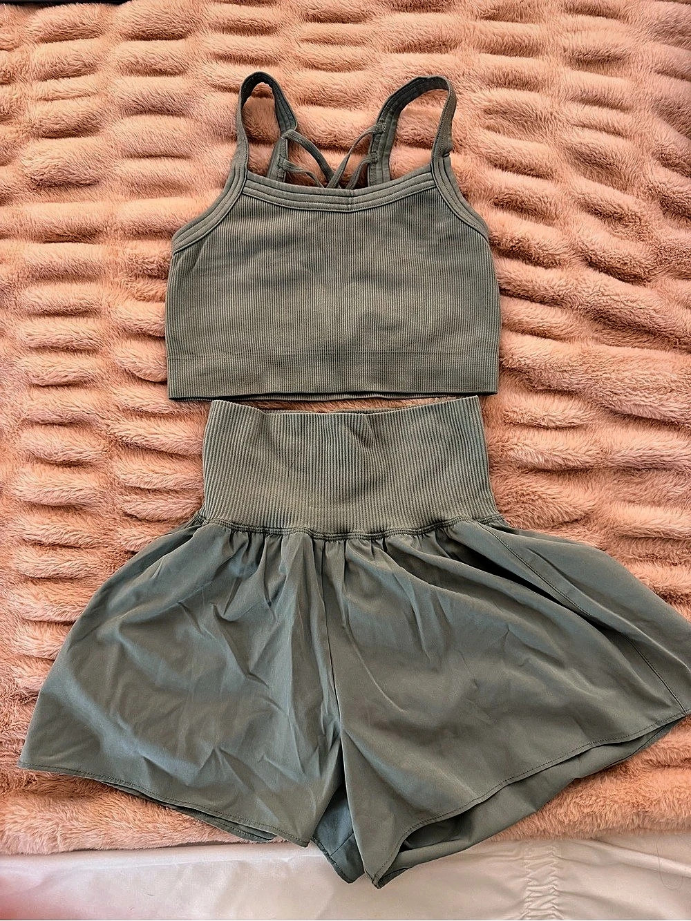 Ribbed Crop Top and Active Shorts Set Green